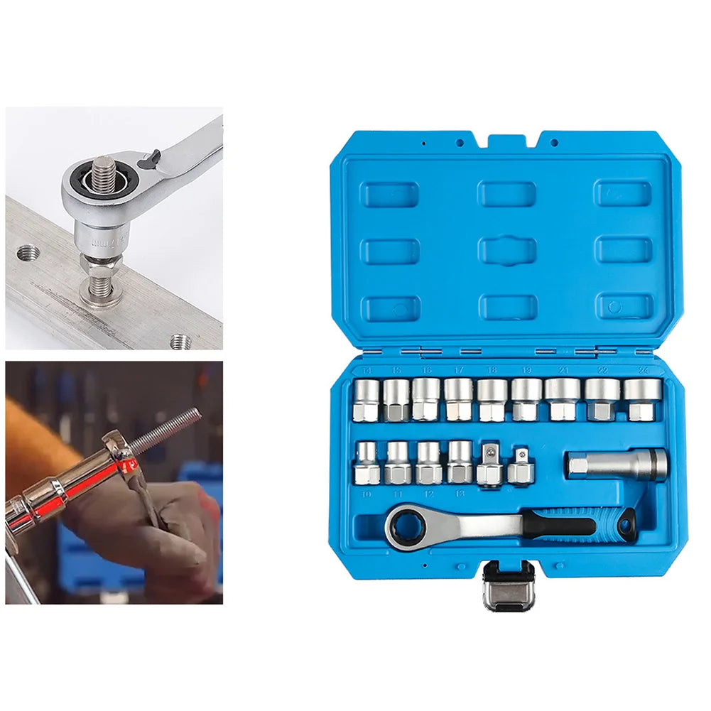 17-Piece Pass-Through Socket Set with 19mm Hollow Ratchet for Automotive Repair and Machine Maintenance Applications