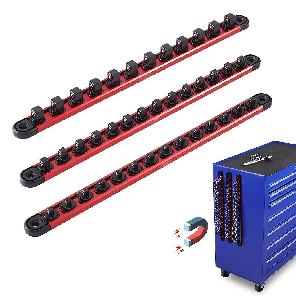 3Pcs Magnetic Socket Organizer Rail Set, 1/4 3/8 1/2 Inch Drive Aluminum Socket Holder with Removable Clips for Tool