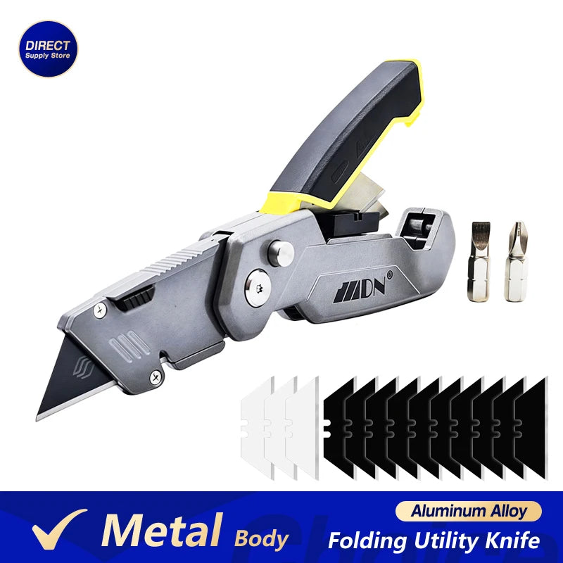 All-Metal Body Alloy Folding Utility Knife – Multi-Use Cutter Knife with 10 Black Blades & 2 Screwdriver Bits