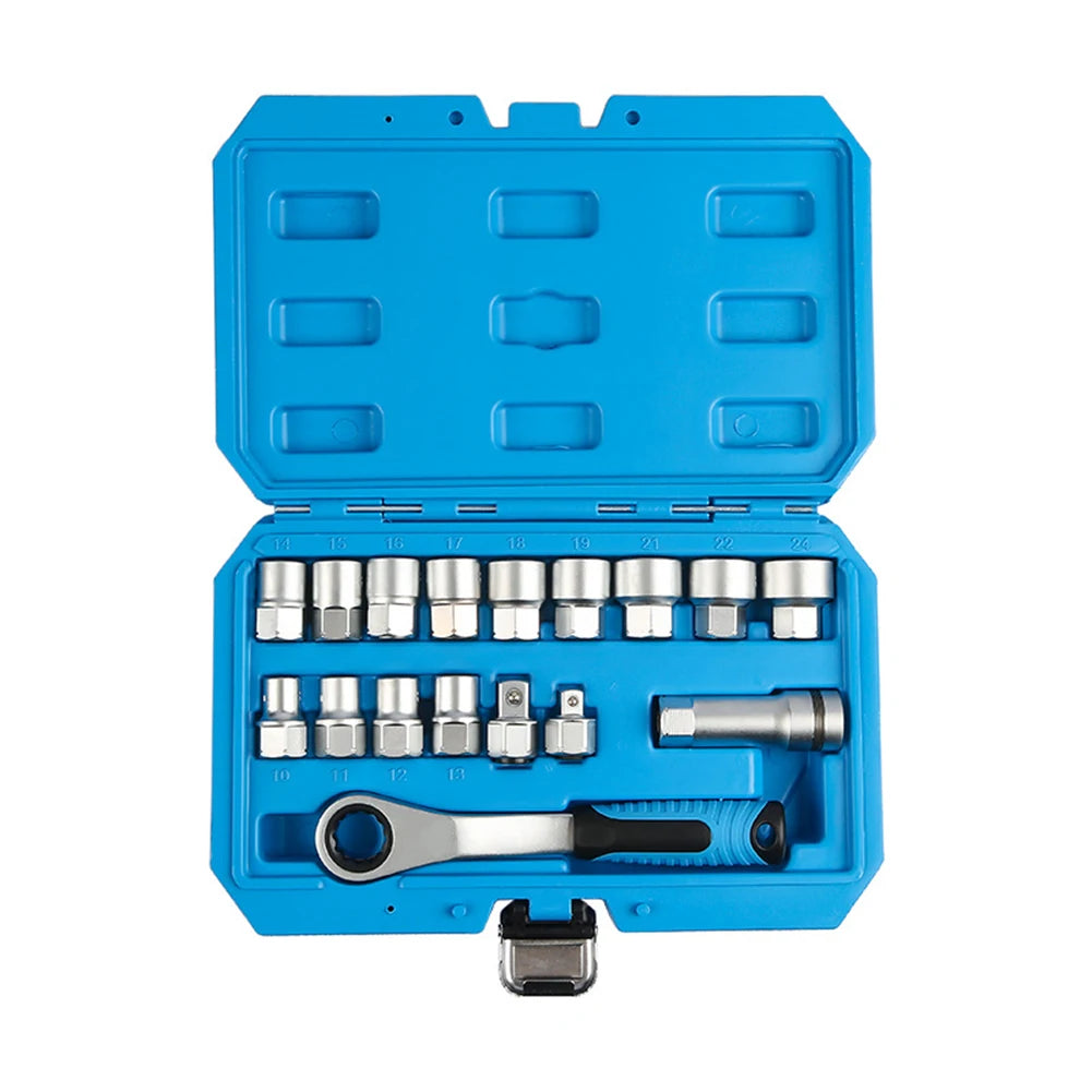 17-Piece Pass-Through Socket Set with 19mm Hollow Ratchet for Automotive Repair and Machine Maintenance Applications
