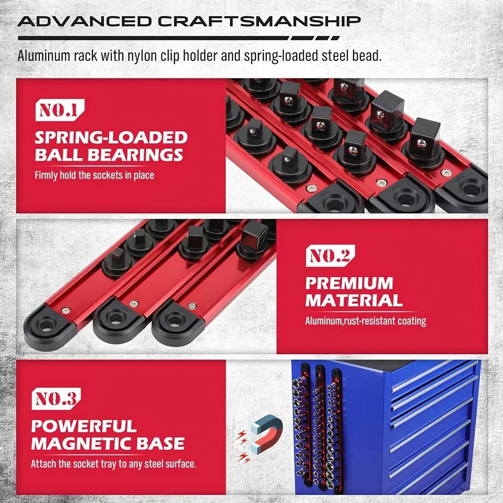 3Pcs Magnetic Socket Organizer Rail Set, 1/4 3/8 1/2 Inch Drive Aluminum Socket Holder with Removable Clips for Tool