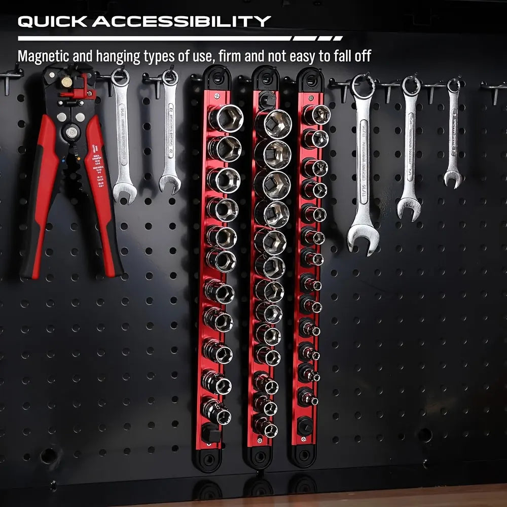3Pcs Magnetic Socket Organizer Rail Set, 1/4 3/8 1/2 Inch Drive Aluminum Socket Holder with Removable Clips for Tool