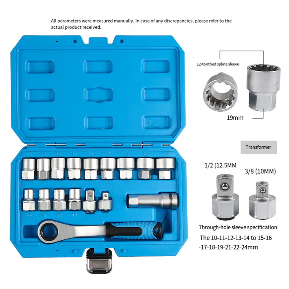 17-Piece Pass-Through Socket Set with 19mm Hollow Ratchet for Automotive Repair and Machine Maintenance Applications