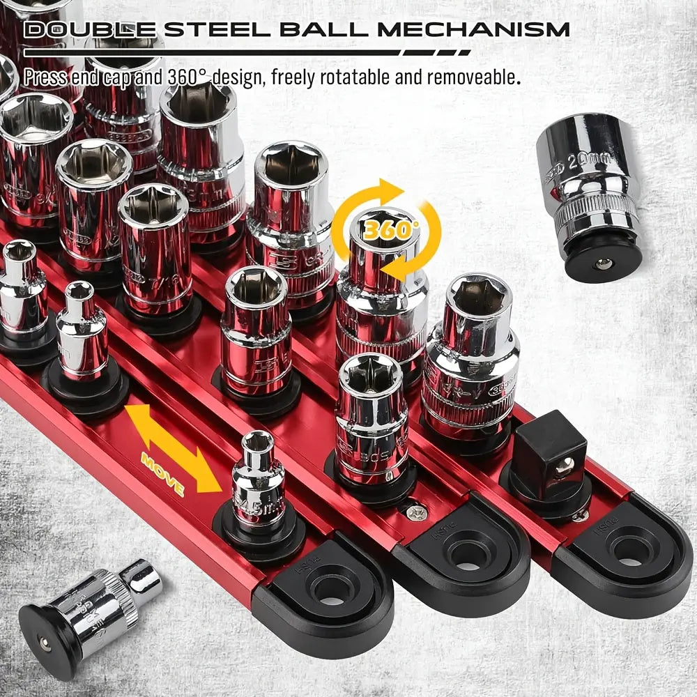 3Pcs Magnetic Socket Organizer Rail Set, 1/4 3/8 1/2 Inch Drive Aluminum Socket Holder with Removable Clips for Tool