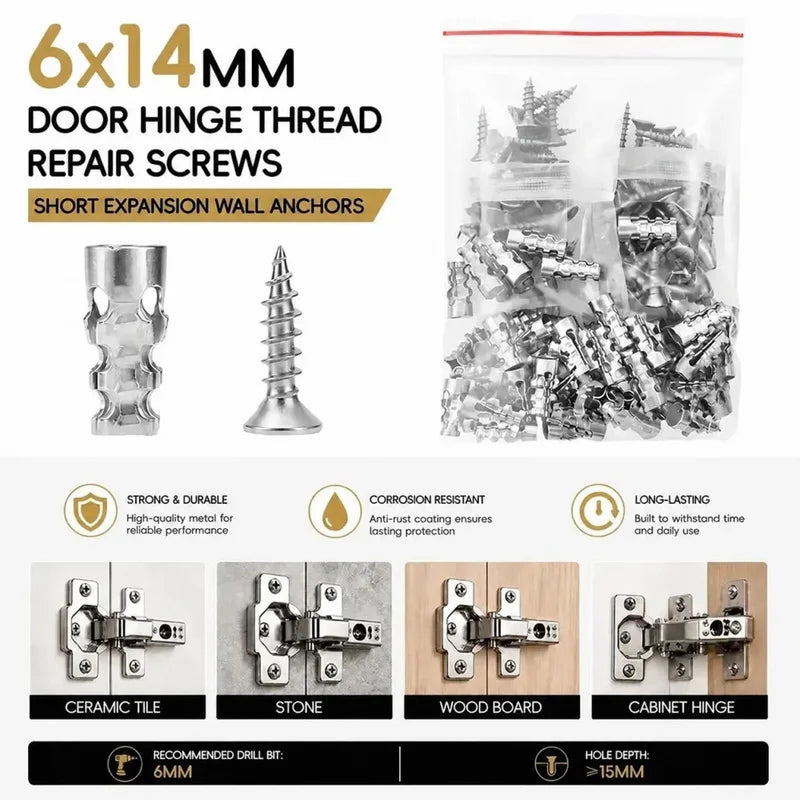 6x14mm Expansion Screws 30/60Pack, High Strength Wall Anchors, Door Hinge Repair Kit for Tile Stone Cabinet Home
