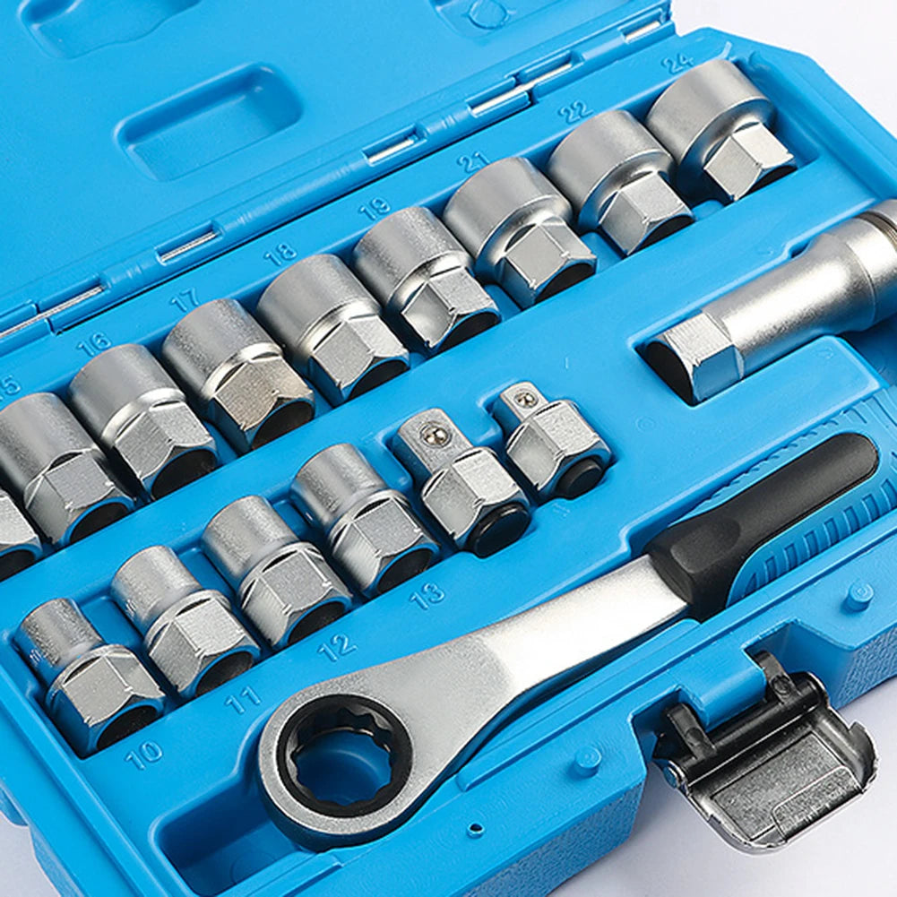 17-Piece Pass-Through Socket Set with 19mm Hollow Ratchet for Automotive Repair and Machine Maintenance Applications