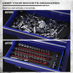 3Pcs Magnetic Socket Organizer Rail Set, 1/4 3/8 1/2 Inch Drive Aluminum Socket Holder with Removable Clips for Tool