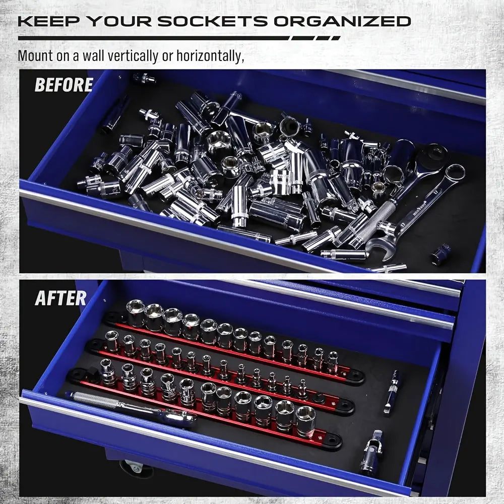 3Pcs Magnetic Socket Organizer Rail Set, 1/4 3/8 1/2 Inch Drive Aluminum Socket Holder with Removable Clips for Tool